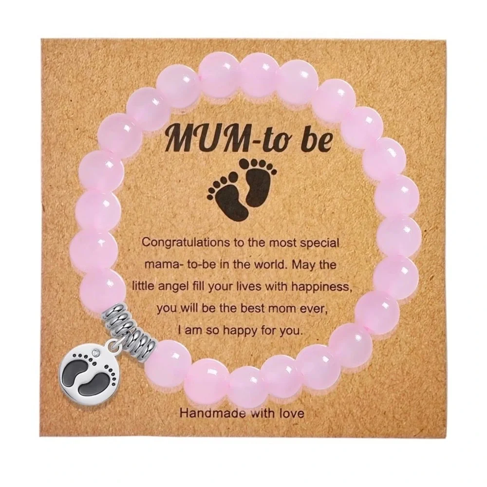 Pink Beaded Mum to Be Bracelet Baby Feet Charm Pregnancy Gift Shower Jewelry